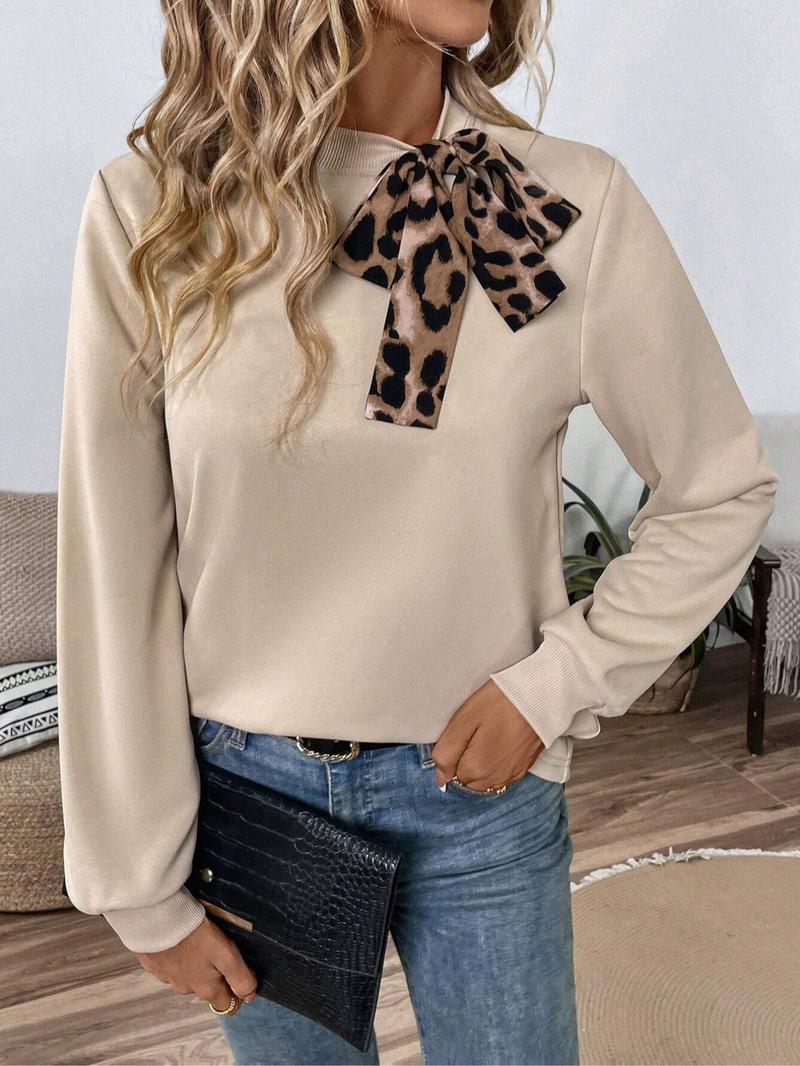 Women's Casual Leopard Print Tie Neck Long Sleeve Sweatshirt, All Seasons Fitted Sporty Pullover, Fashion Color Block Design