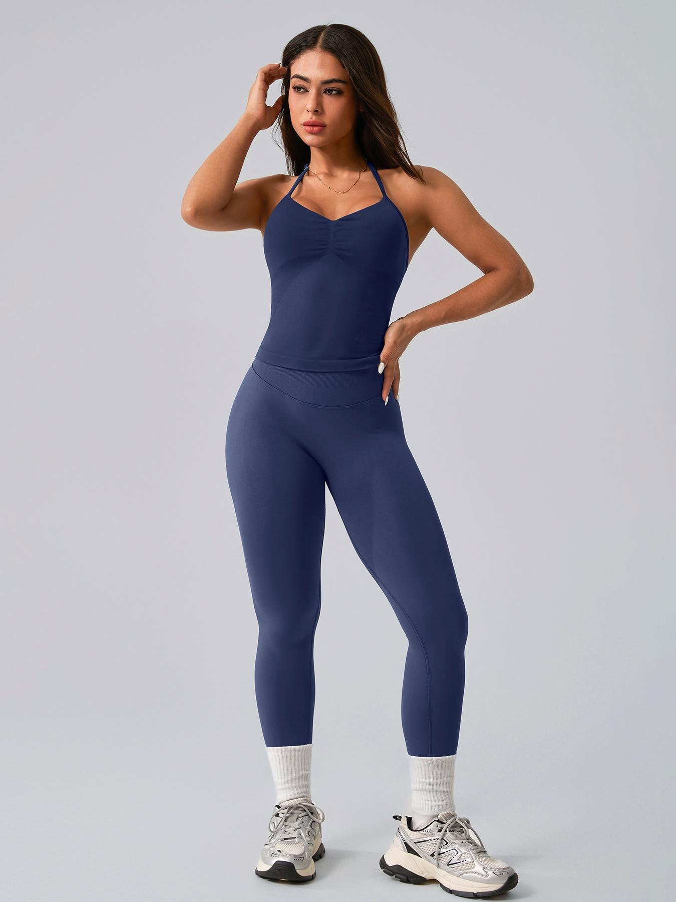 Women's High Waist Backless Tank Top & Tight Long Pants Set, Lightweight Compression Activewear, Breathable Yoga Gym Workout Cycling Running Golf Tennis Sports Wear