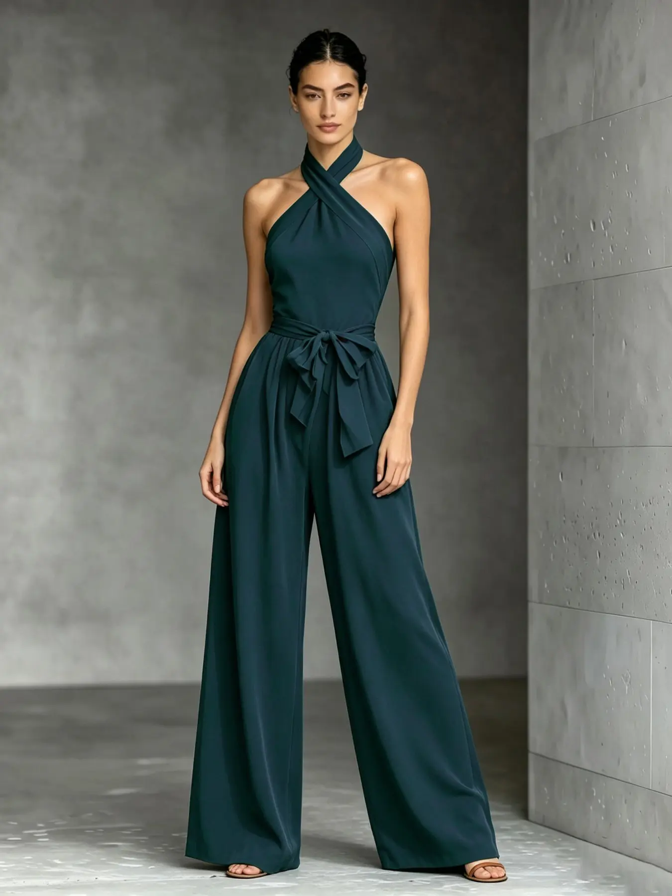 C4207 Clean Girl Quiet Luxury One-Piece Co-Ord, Cross Wrap Halter Neck Jumpsuit With Tie Belt Hidden Pockets Soft Life Daily Athleisure Wear.