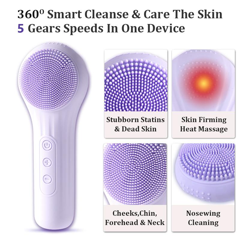 Multifunctional Electric Facial Cleansing Brush, Rechargeable Waterproof with Heating Massage and Ultrasonic Vibration, Silicone Face Cleaner，Perfect for at-home and travel skincare, an ideal holiday gift.