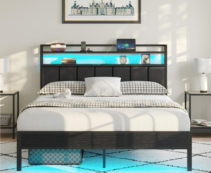 CollaredEagle Twin/Full/Queen Bed Frame with LED Lights, Upholstered Headboard, Charging Station, Storage Shelves, Heavy Duty Metal Slats, No Box Spring Needed, Noise Free, Easy Assembly
