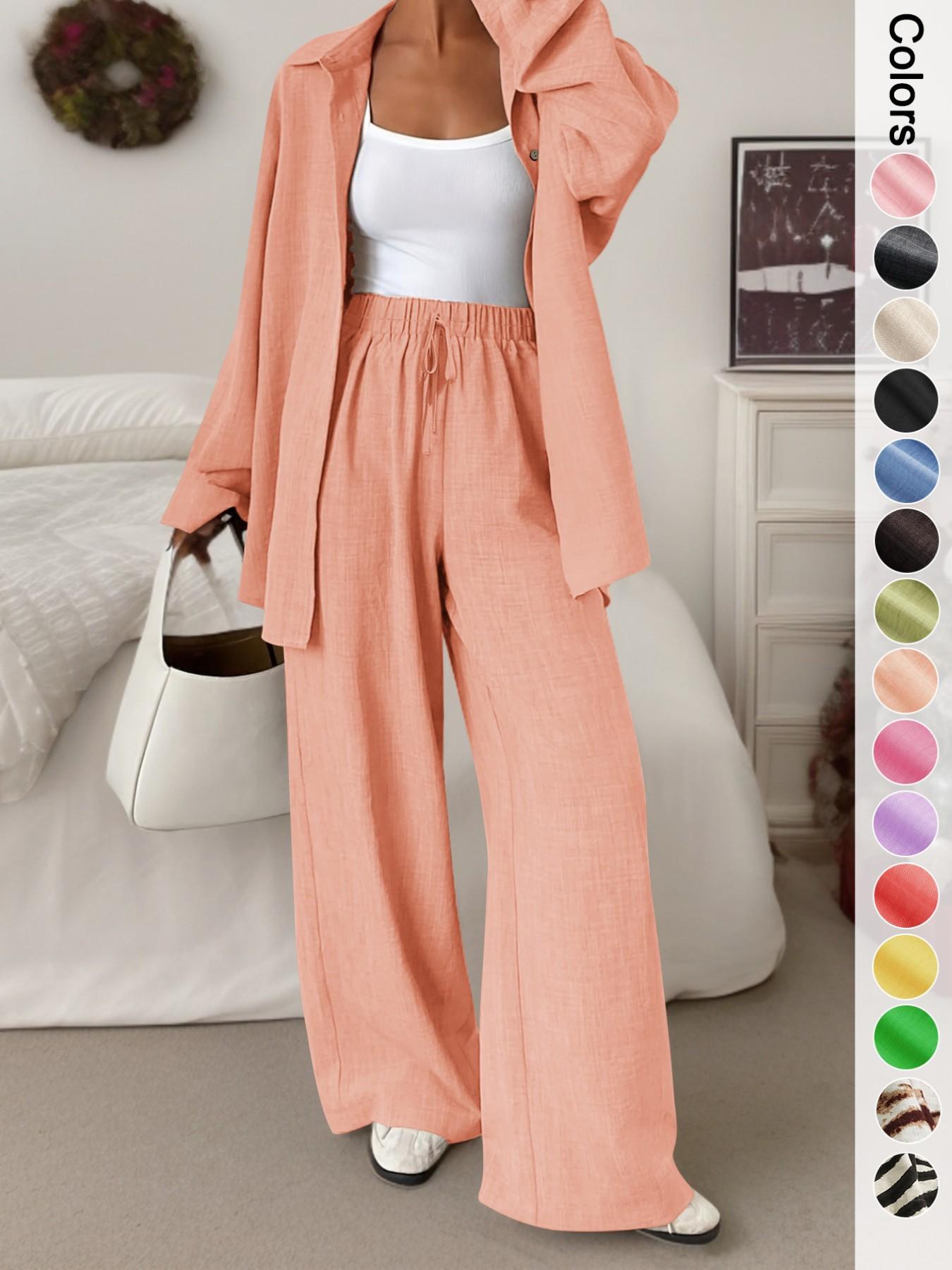 Women's Casual Sporty Shirt Long Pants Set, Loose Button-Up Top Wide Leg Pants Two-Piece Set, Comfortable and Stylish