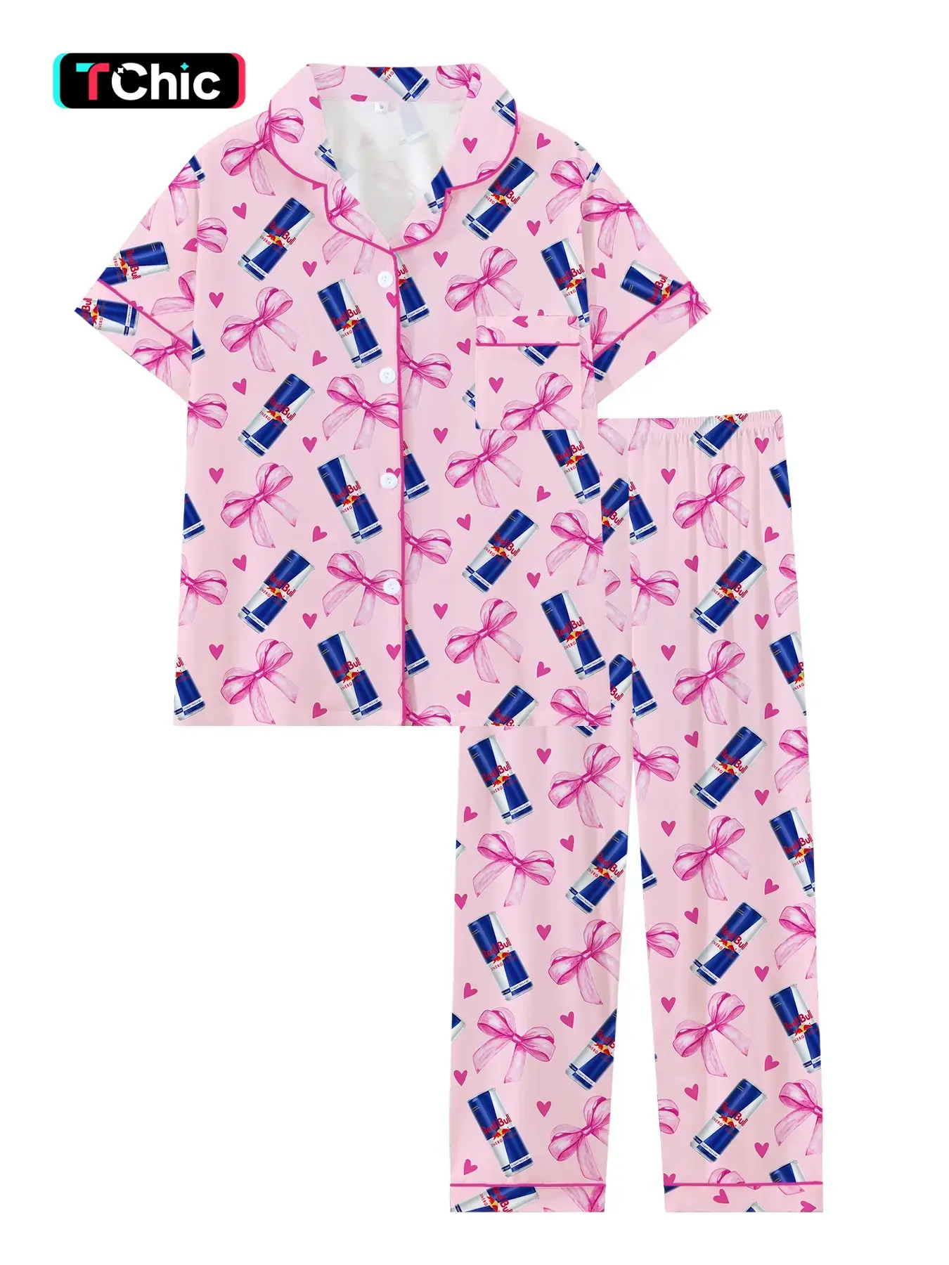 Teen Girls Soda Drink Bull Hooded Short Sleeve Long Pants Pajama Set, Comfortable Sleepwear, All Seasons, Loose-Fitting, Casual Comfy Pyjama, Pajama Outfit, Pajamas Sleepwear