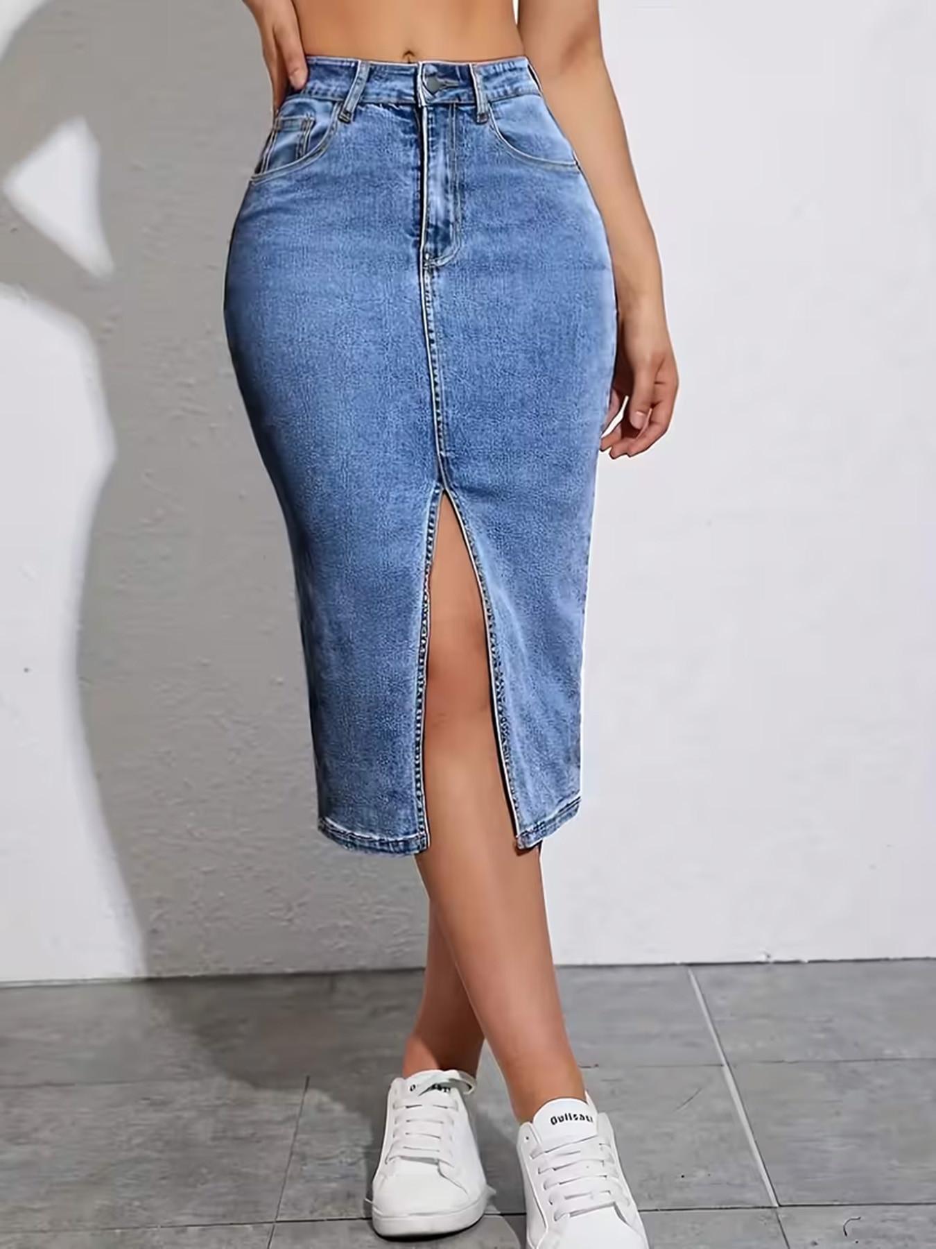 Women's Casual High-Waisted Stretch Denim Midi Skirt with Front Slit, Slim Fit & Comfortable Half-Length Skirt for All-Season Everyday Wear, Casual Fashion Skirt