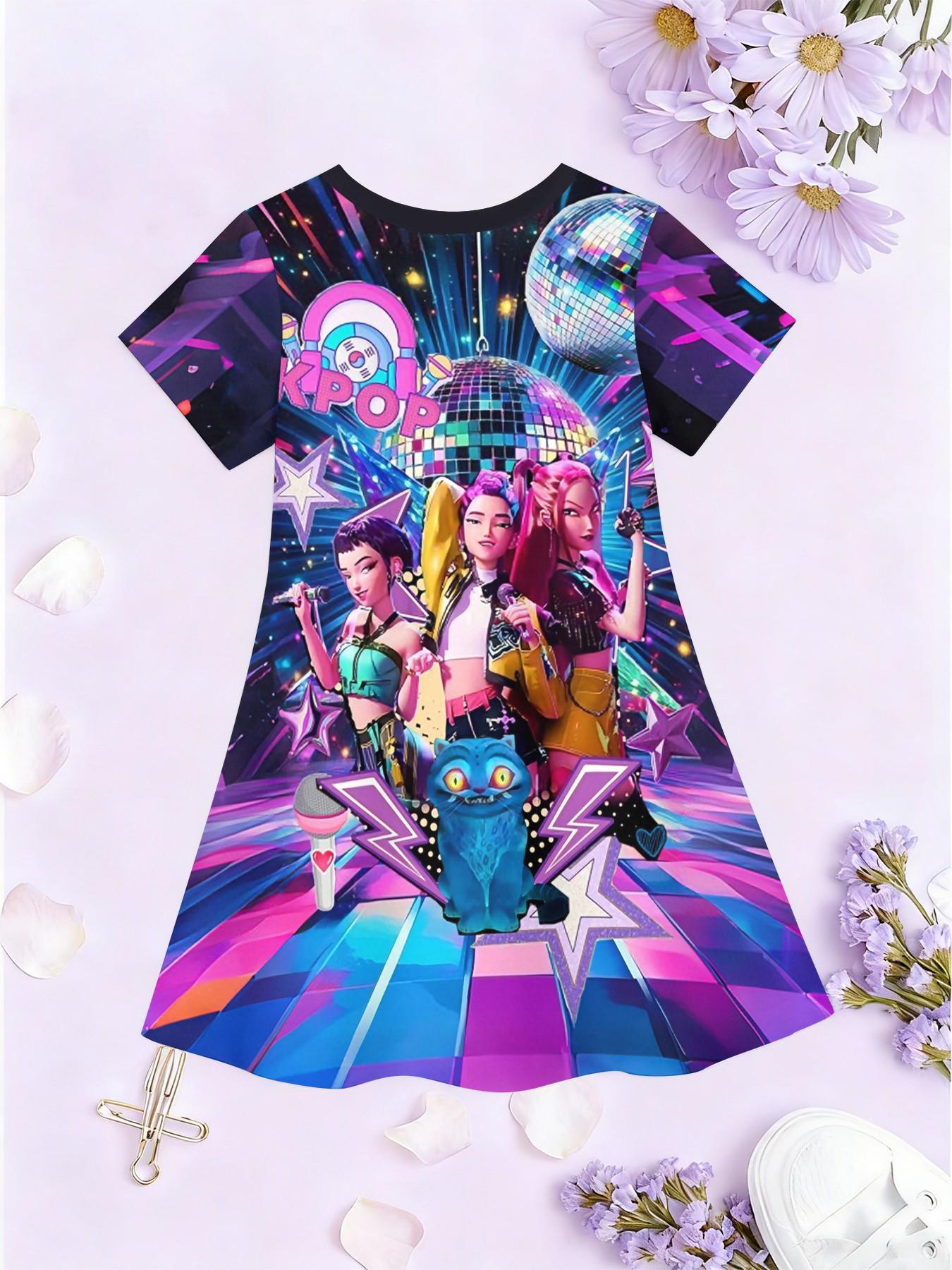 K-Pop Demon Hunters Disco Print A-Line Dress for Girls, Casual Short Sleeve Skirt, Fashion Outdoor Wear, Birthday and Holiday Gift