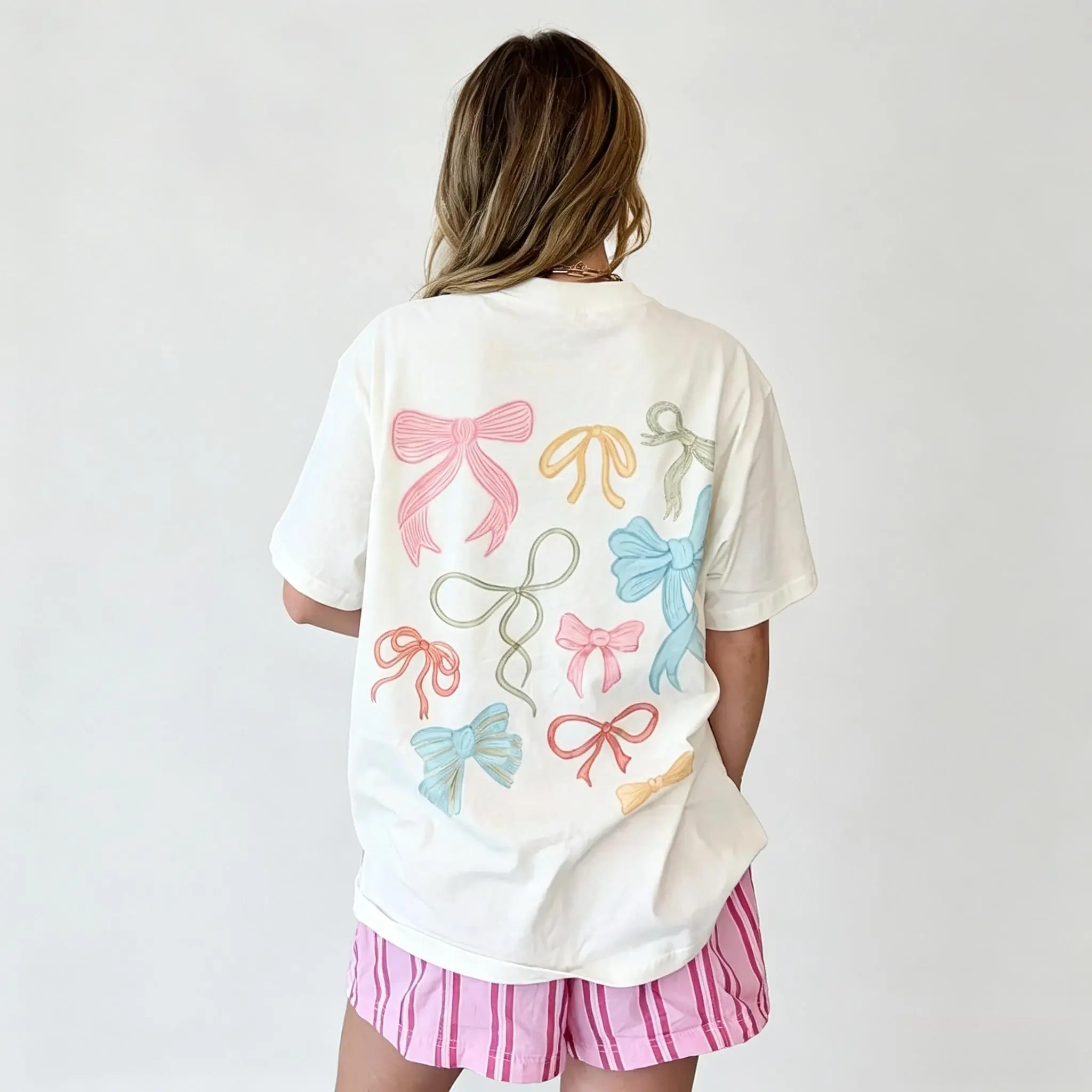 Colorful Pastel Bows Back Print Black Tee Cute Coquette Aesthetic Women Short Sleeve Tops
