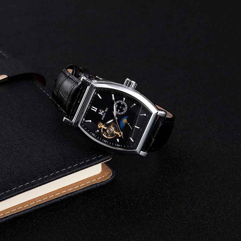 Luxury Automatic Mechanical Watch for Men, Analog Dial, Leather Strap, Moon Phase Display, Minimalist Barrel Design, No Battery Needed