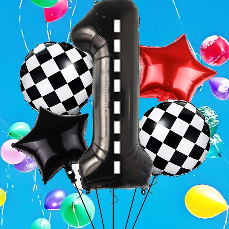 Race Car Theme Number Star Balloons, Checkered Foil, Multi Shape Mixed Color Set, Boys Birthday Party Decor