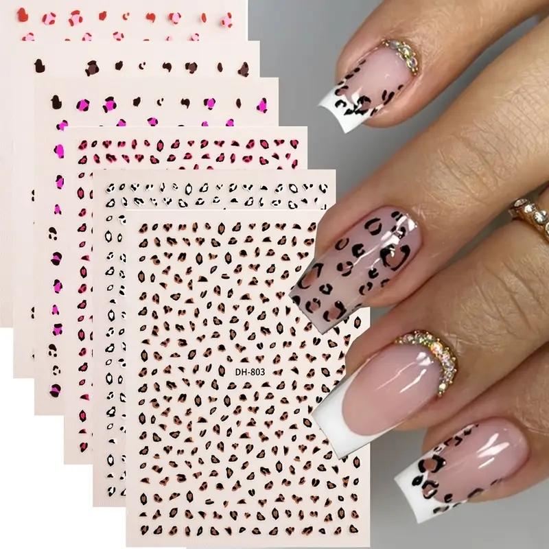 6 Sheets Leopard Print Nail Art Stickers, Animal Designs, DIY Manicure, Autumn Winter French Glitter Nails