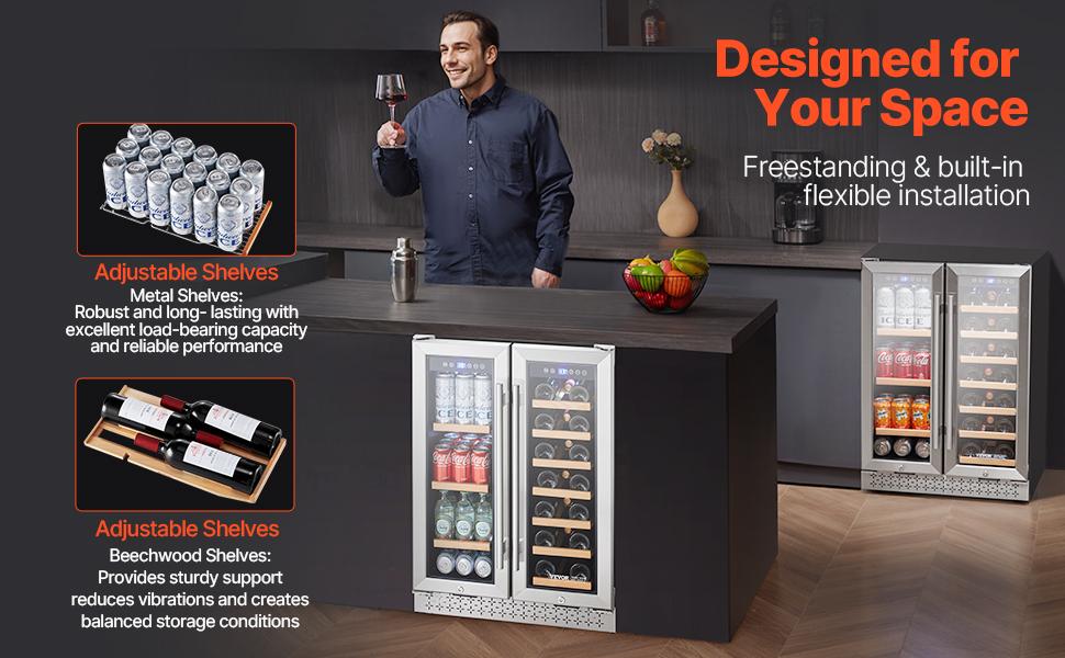 VEVOR Wine and Beverage Refrigerator, 24 in Dual Zone Wine Cooler, Built-in Freestanding Fridge with Glass Doors, Adjustable Shelves, Digital Temperature Control, 64 Cans and 20 Bottles Capacity VEVOR Wine and Beverage Refrigerator, 24 in Dual Zone Wine Cooler, Built-in Freestanding Fridge with Glass Doors, Adjustable Shelves, Digital Temperature Control, 64 Cans and 20 Bottles Capacity