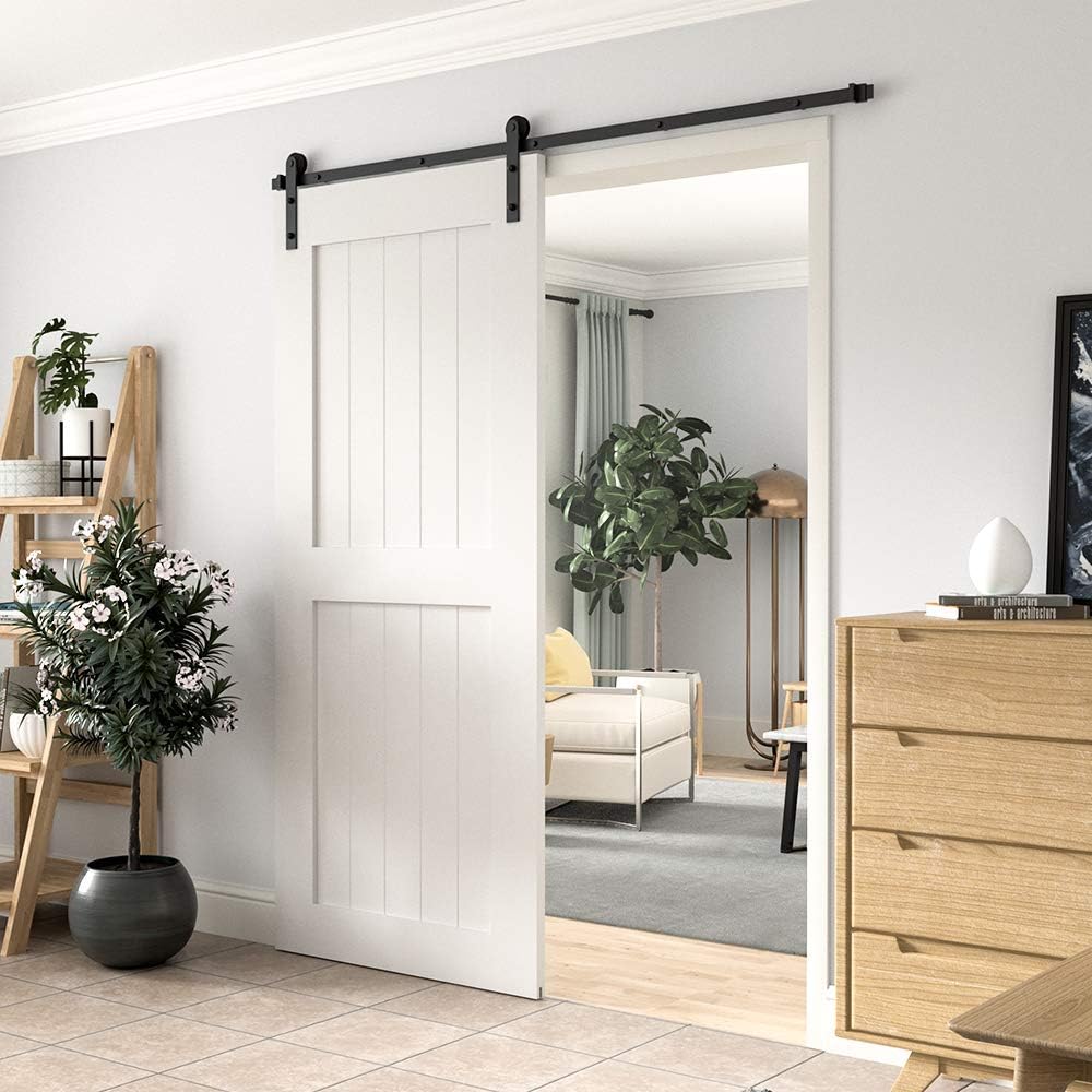Modern 6.6FT Aluminium Alloy Sliding Barn Door Hardware Kit for Single Door - I-Shape Hangers, Black Rail, Silent Glide, Easy Installation, Indoor Use, Tracks, Floor Guide & DIY Necessary Hardware, Sliding Kit