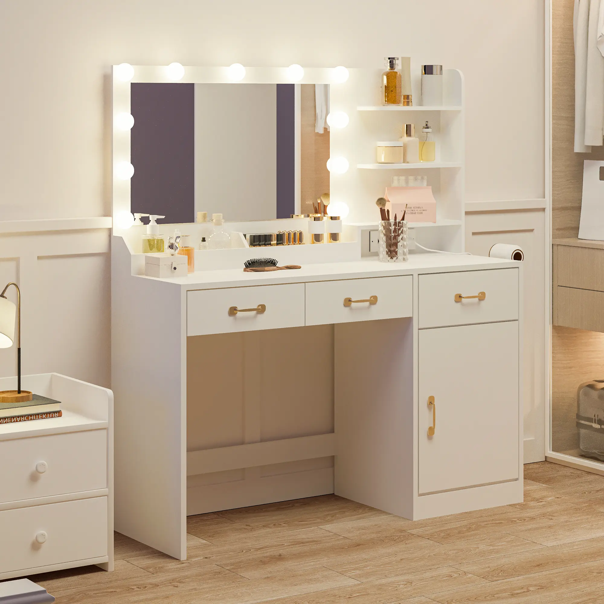 OP-Vanity Desk with Mirror, LED Lights and Power Outlet Makeup Table with 3 Drawers and Storage Shelves Dressing Table for Bedroom Dressing Room, White.