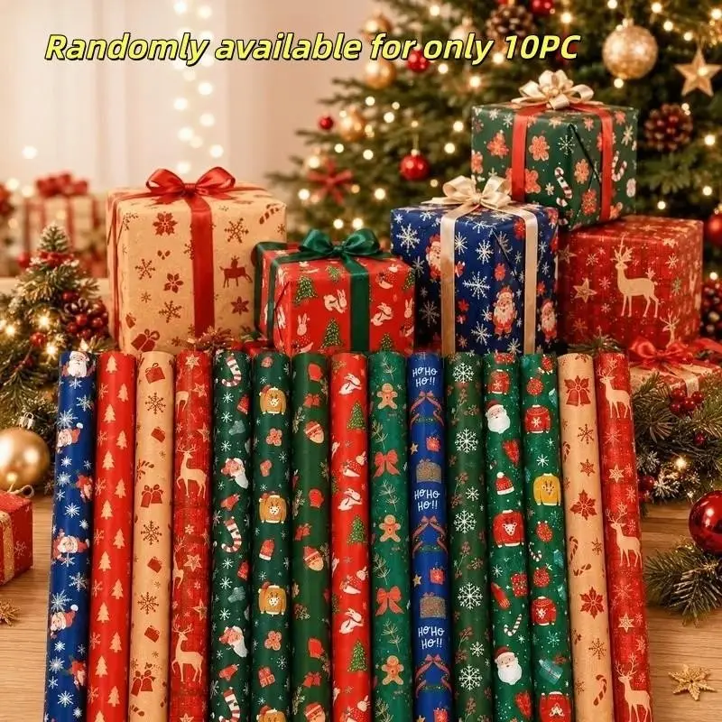 10 Rolls Random Color Cartoon Christmas Wrapping Paper, Gift Wrapping Supplies, Thick Durable Paper, Reindeer Print, Gift Packaging, Wall Decor, Holiday Accessories
