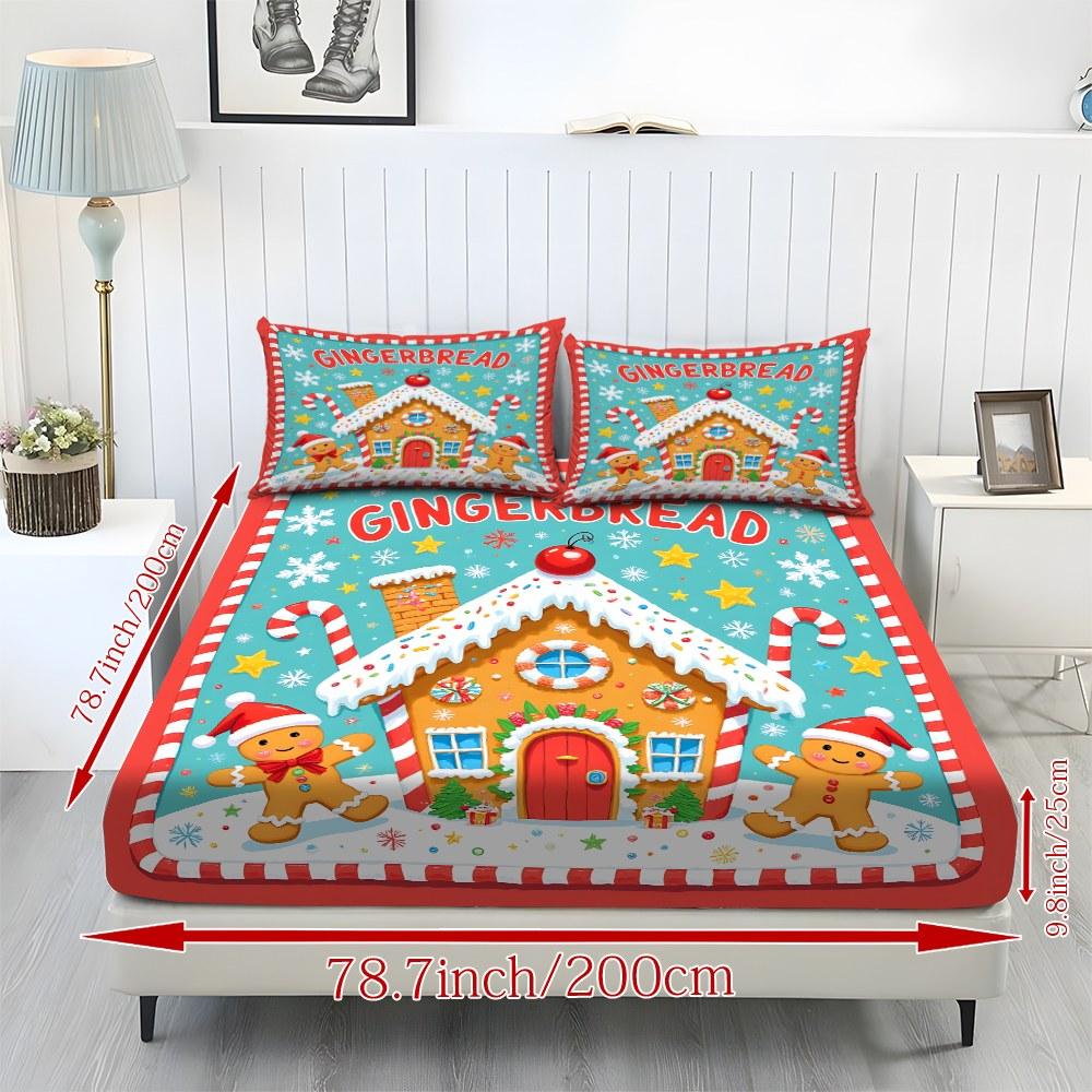 Fitted Sheet 3-Piece Set 2D Flat Gingerbread Man Pattern Mattress Cover (1 fitted sheet + 2 pillowcases, no insert), stylish, soft, and comfortable sheets, skin-friendly and breathable bedding, suitable for family bedrooms and guest rooms, all year round.