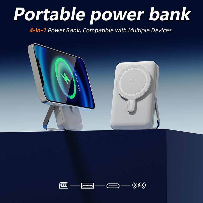 This magnetic portable charger features a built-in data cable, a 10000mAh power bank, a USB-C battery pack, and is an essential travel power bank compatible with iPhones, Android devices, and more.