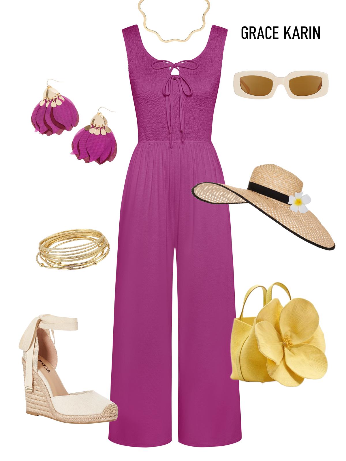 GRACE KARIN Jumpsuits for Women Bow Tie Front Overalls Smocked Tops Wide Legs Casual Knitted Outfits with Pockets