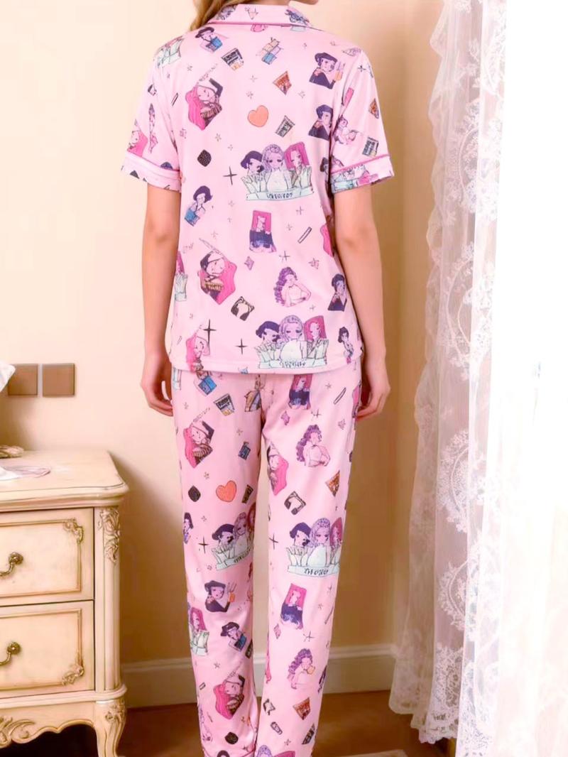 K-Pop Demon Hunter Women's Cartoon Pajama Set, Casual Fitted Two-Piece Sleepwear, Short Sleeve Top & Elastic Waist Pants, Spring & Fall