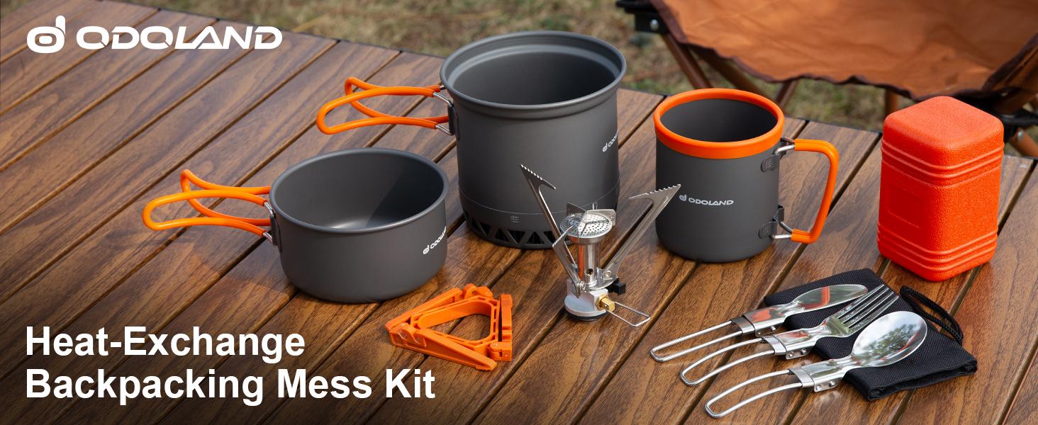 Odoland Camping Pots with Heat Exchanger Camping Cooking Set with Portable Camping Stove Camping Mess Kit Include Mug, Folding Utensil Set,Camping Cookware,Canister Stabilizer for Backpacking Outdoor Hiking & Picnic [Fuel not included]