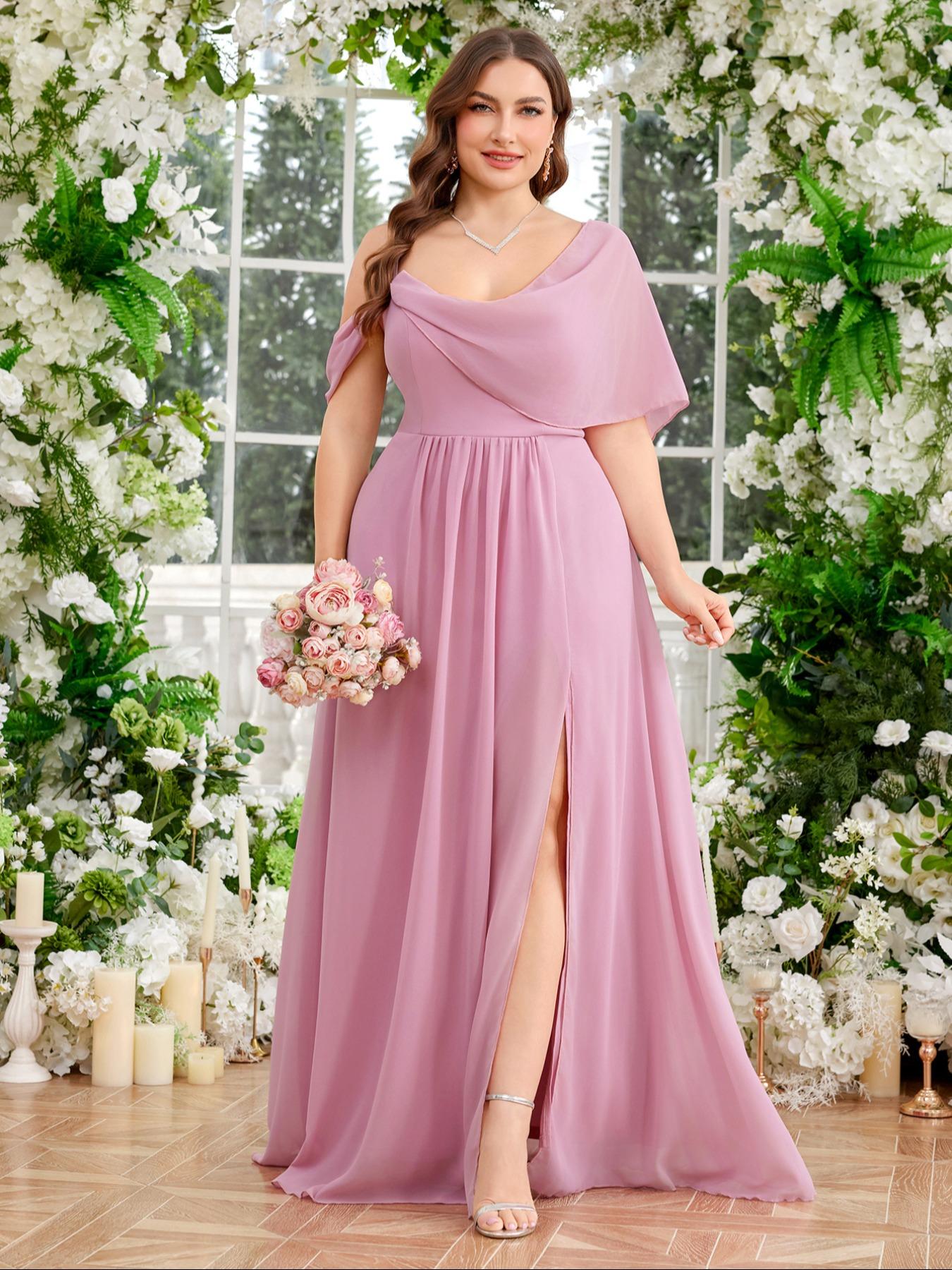 Elegant Plus Size Women's Formal Maxi Dress with High Slit Design, Recycled  Fabric, Draped Neckline, Waist Cinching, Bridesmaid Gown, Formal Wear, Fit  - TikTok Shop
