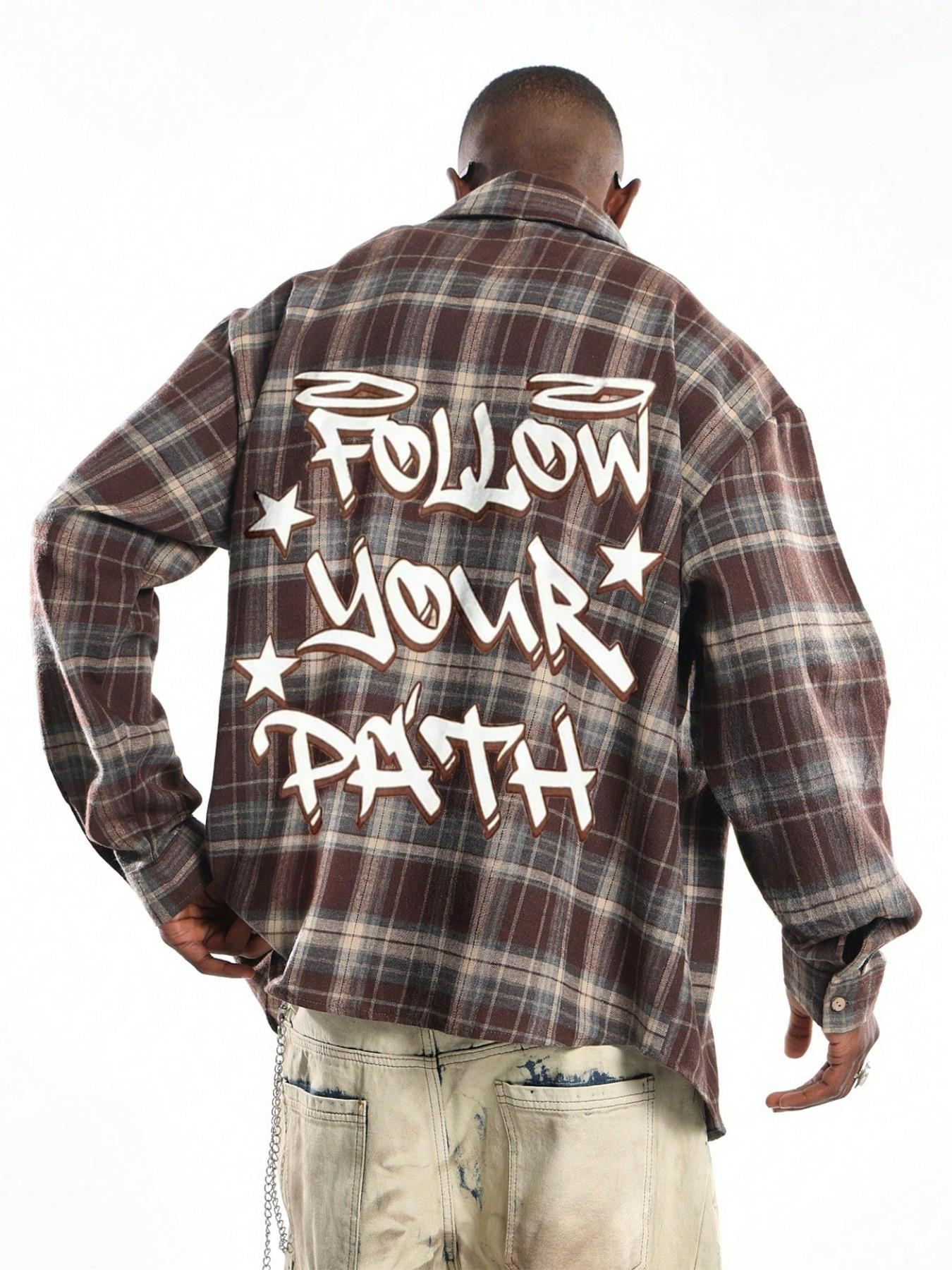 Long Sleeve Plaid Shacket | Bold Back Graffiti Slogan Printing, Drop Shoulder Baggy Top For Young Guys Urban Street Style & Casual Outdoor Wear, Printed Shirts
