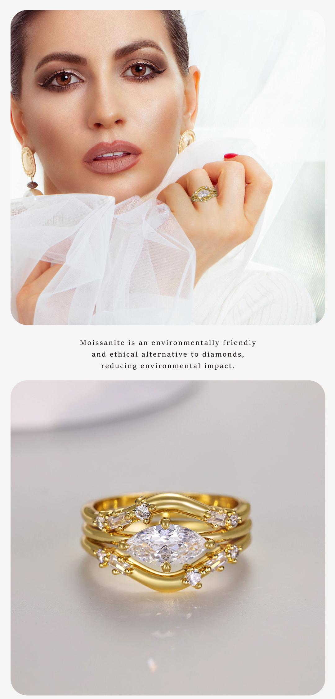 Moi Mart Luxurious Three-in-One Marquise Cut Synthetic Moissanite Ring, Stackable Ring Set, 925 Sterling Silver Jewelry, Perfect gift for Her