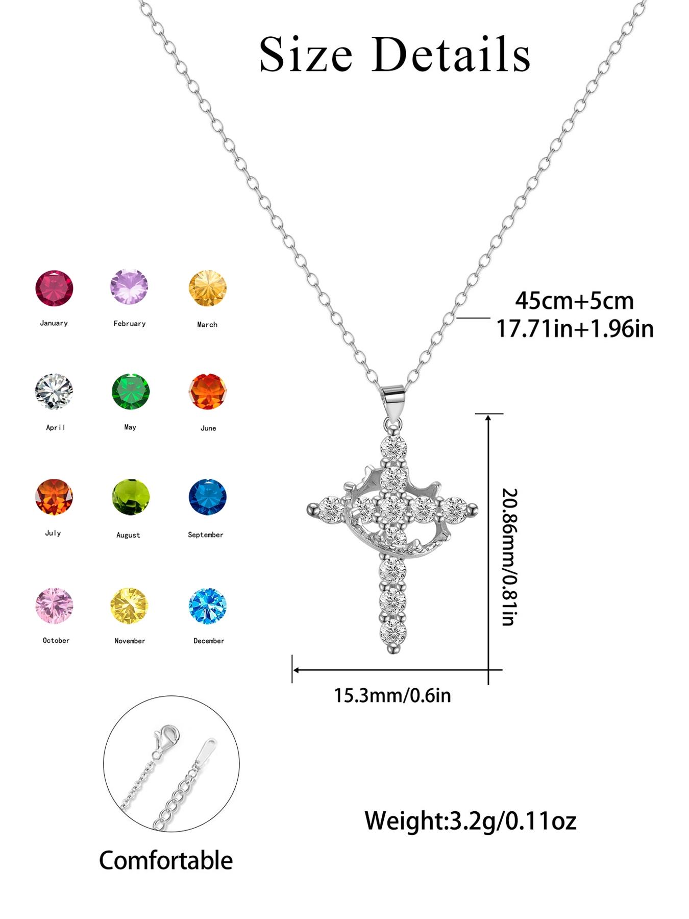 Women's Cz Birthstone Crown Cross Necklace Set, Colorful Fashion Pendant Exquisite Jewelry Gift Box, Christian Wife Mom Girlfriend Faith Present