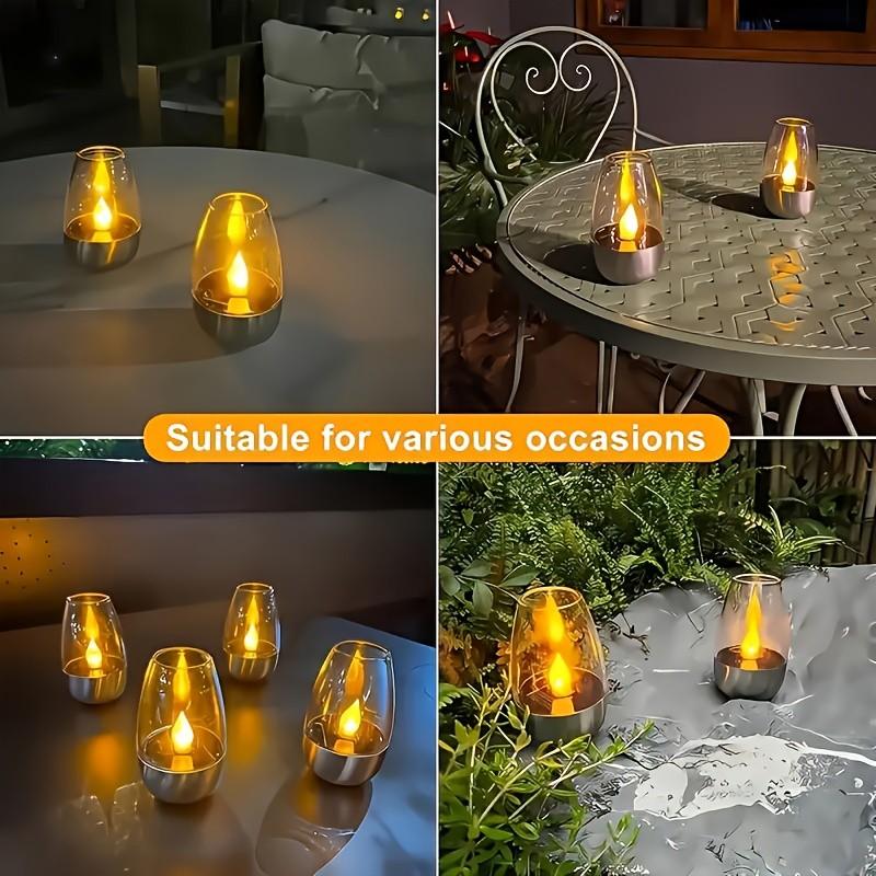 Solar Powered Flameless LED Candle Light, Decorative Outdoor Patio Lamp, Rechargeable 600mah Battery, Polished Metal Finish