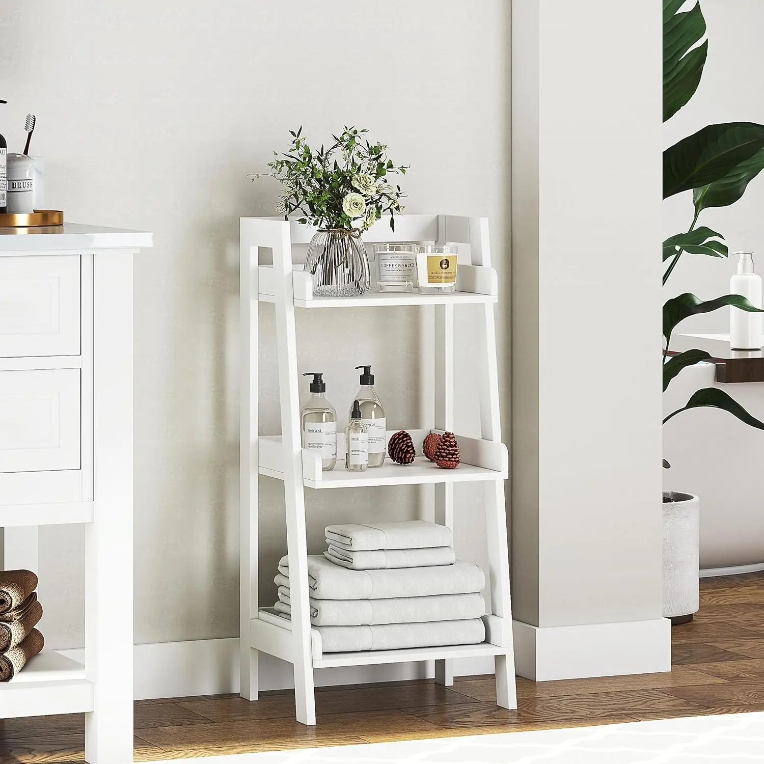 Bathroom Ladder Shelf, 3-Tier Freestanding Organizer, White | 3 Fixed Shelves, Ladder Design, Anti-Tip Design, FSC-Certified Wood, 14.75-Inch Width for Bathrooms, Bedroom & Living Rooms