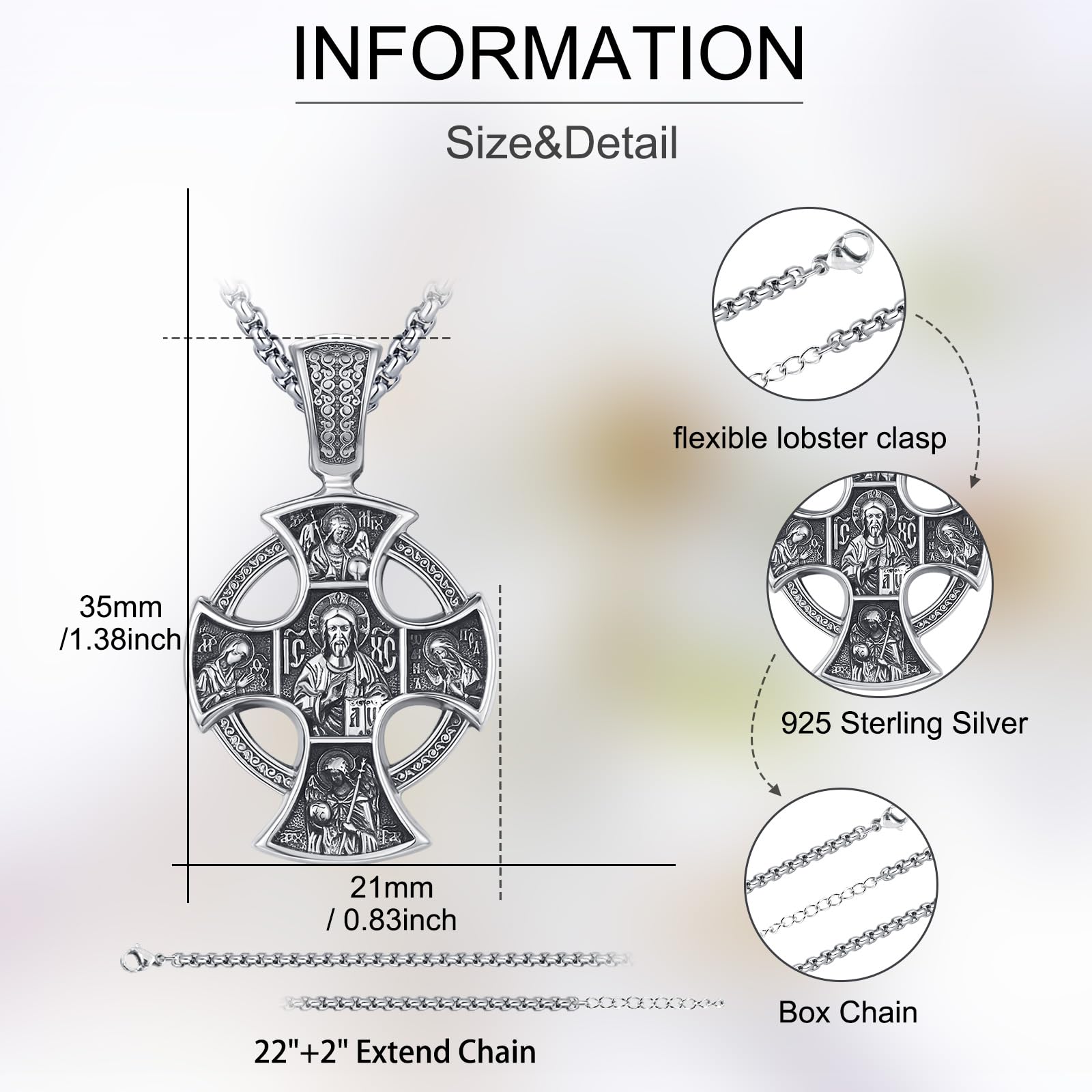 DRINSPER Orthodox Necklace 925 Sterling Silver Jewelry Four Way Cross Necklace Saint Patron Protection Jewelry for Men Women