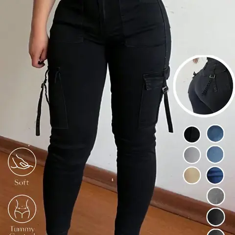 Women's Plain Tight Fit Pocket Multi-pocket Denim Elastic Slim Fit Button Cargo Pants, Casual Street Trousers for Everyday Wear, Ladies' Bottoms for All Seasons, Womenswear