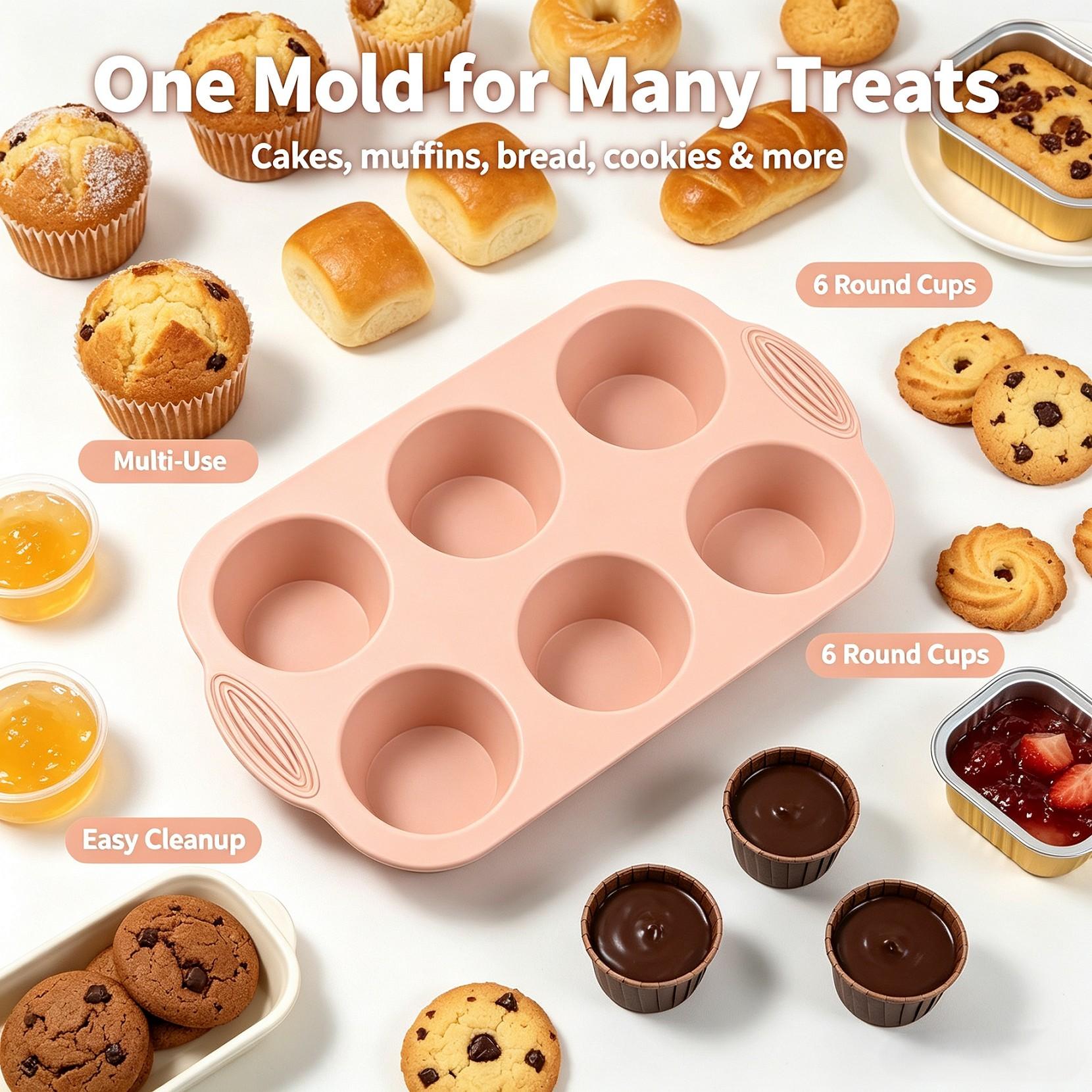 Food Grade Silicone Six-Cavity Cake Mold, Reusable Baking Mold for DIY Cookies, Muffins, Desserts, Perfect for Home Bakers
