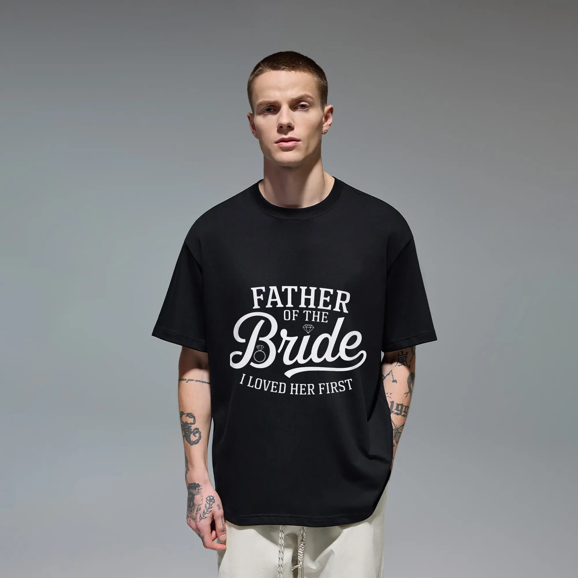Father Of The Bride I Loved Her First Wedding Party Original Oversized Cotton Graphic Tee T-Shirt for Men Gift Cutting Ideas Dad Daughter Marriage Ceremony Rehearsal Dinner Outfit Emotional Family Bond Bachelor Party Typography Casual Everyday Vibe