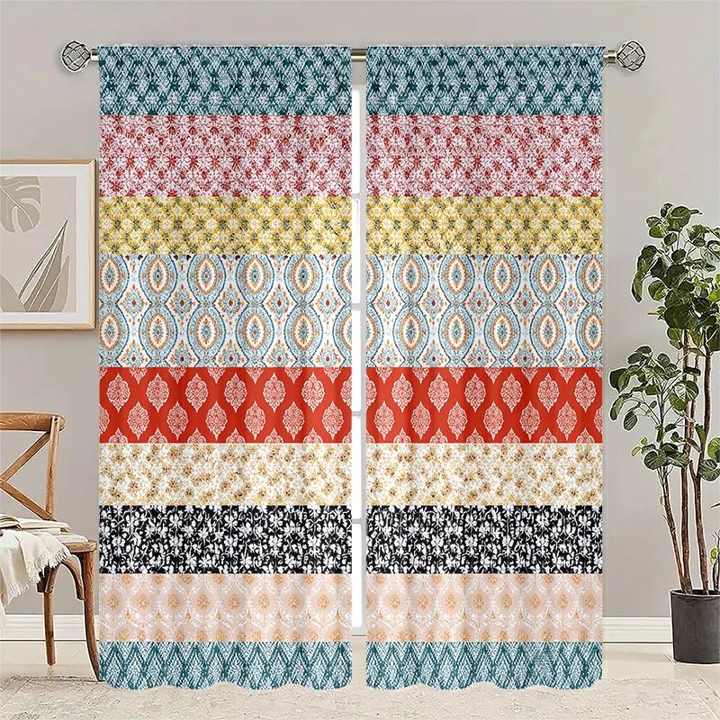 2 pieces of high-definition digital Bohemian-style patchwork pattern printed curtains, made of polyester with semi-transparency, machine washable, suitable for bedrooms, living rooms and home decoration curtains.