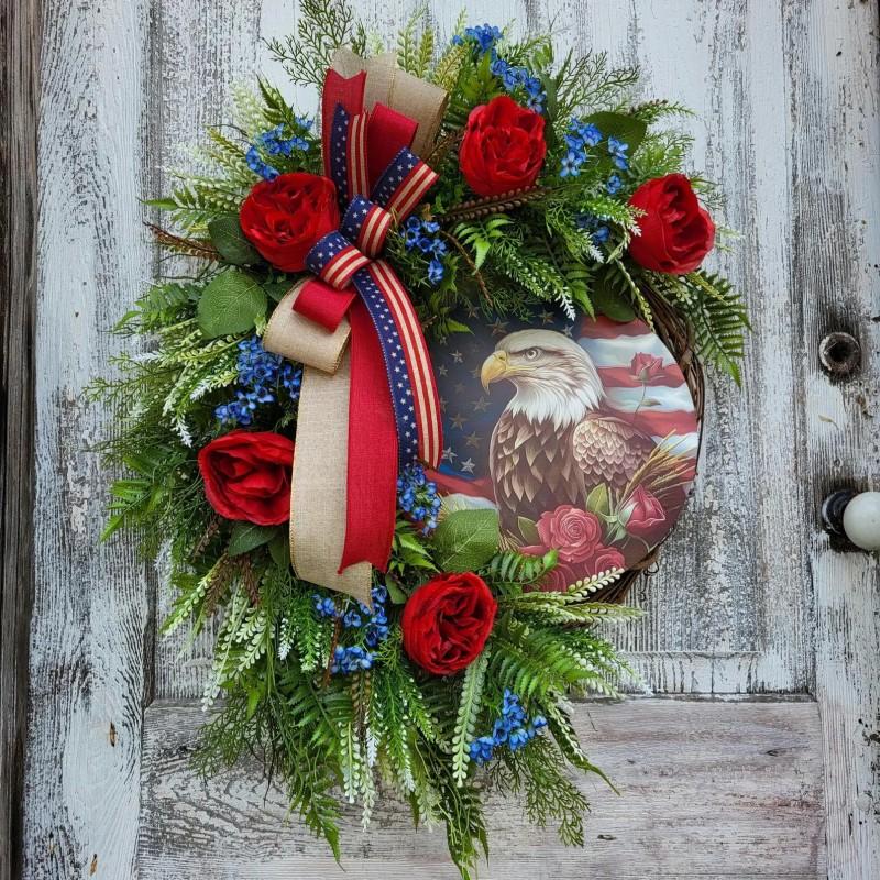 Patriotic Bald Eagle Wreath, Independence Day Memorial Decoration, Rose American Flag Wreath, Rustic Door Hanging, Indoor Outdoor Decor
