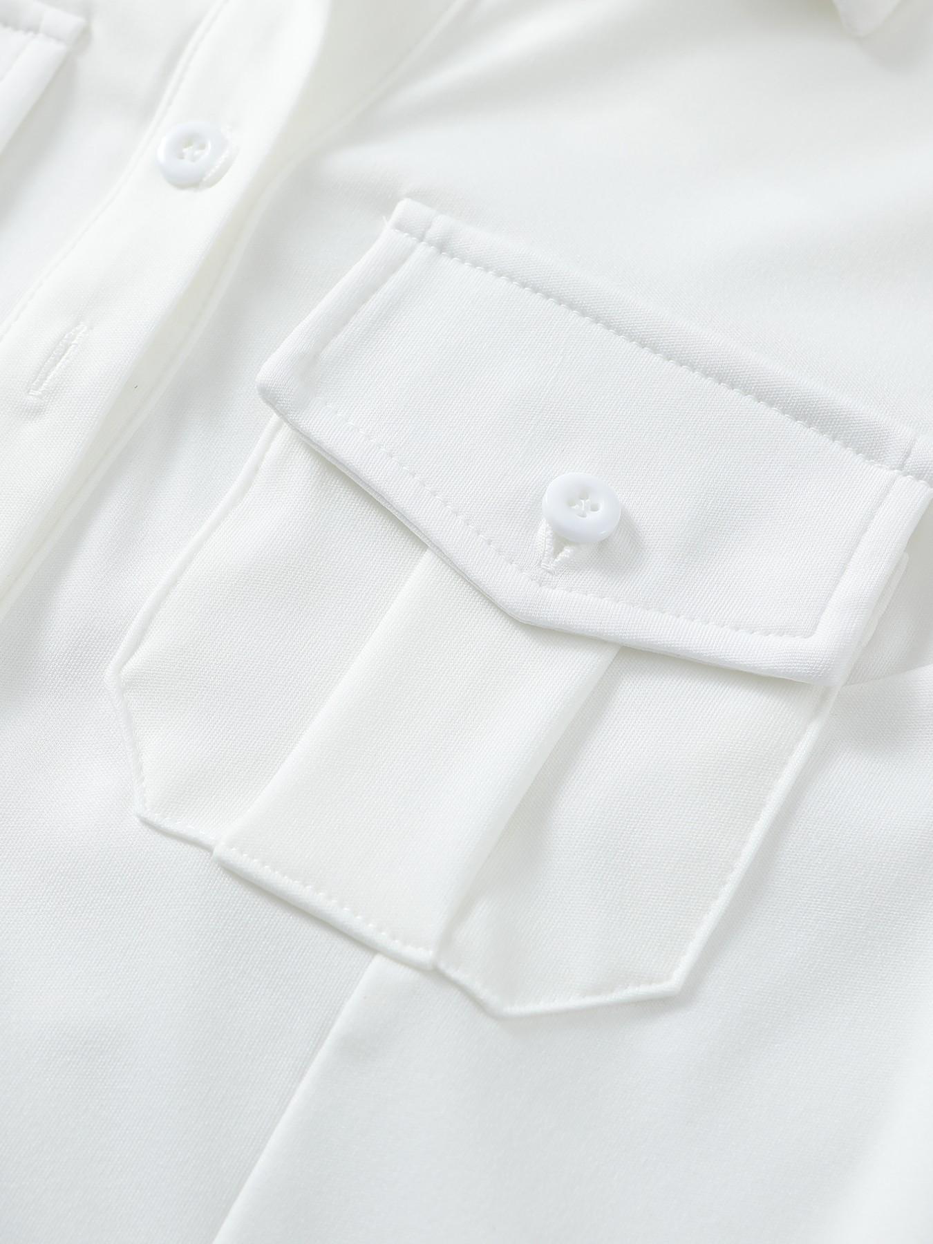 Women's Vintage Fitted Cap Sleeve Button Up Blouse, Solid White Asymmetrical Hem Crop Shirt, Casual Office & Street Outfit