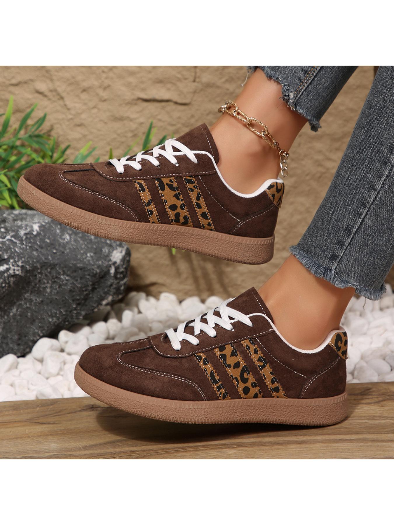 Women's 2.5cm Platform Leopard Print Sneakers, Black/Beige, Retro 3-Stripe Casual Shoes