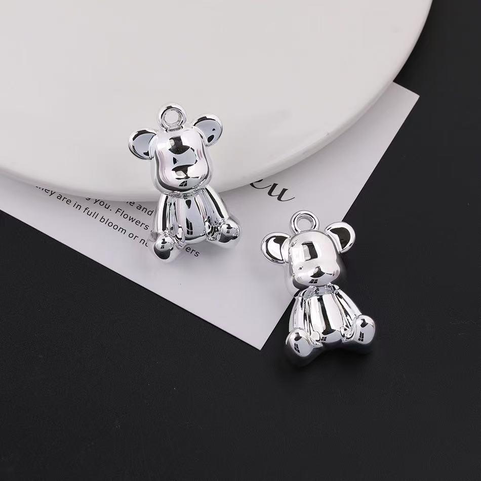 Electroplated Silver Color Bear Pendant DIY Craft Necklace, Hollow Acrylic 3D Charm, Handmade Jewelry Accessory, Unique Gift Idea
