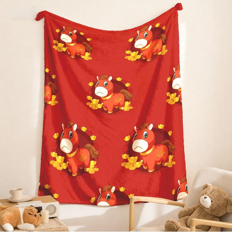Cute Bitter Horse Theme Flannel Blanket, Large Size, Soft Lightweight Warm, Perfect for Bed Sofa Office Camping Travel Gift