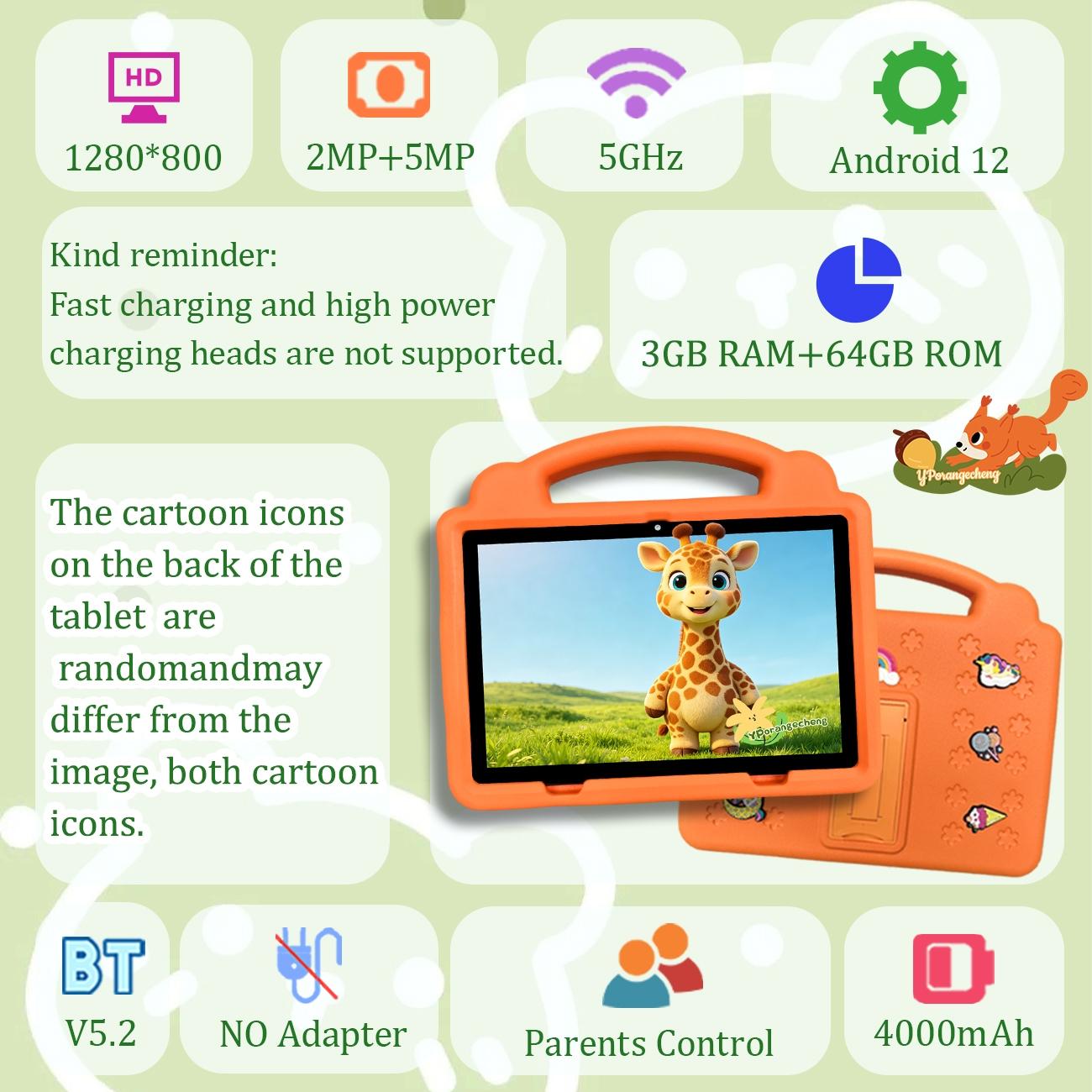 Summer New 10.1" Kids Student Tablet Set, 5G+WiFi, HD Screen, Dual Cameras & Shockproof Case, Multi-use for Office, Study, Education & Entertainment, Unisex Ideal Gift for Easter, Halloween, Christmas & Birthday, Blue/Pink/Orange/Green,No Adapter