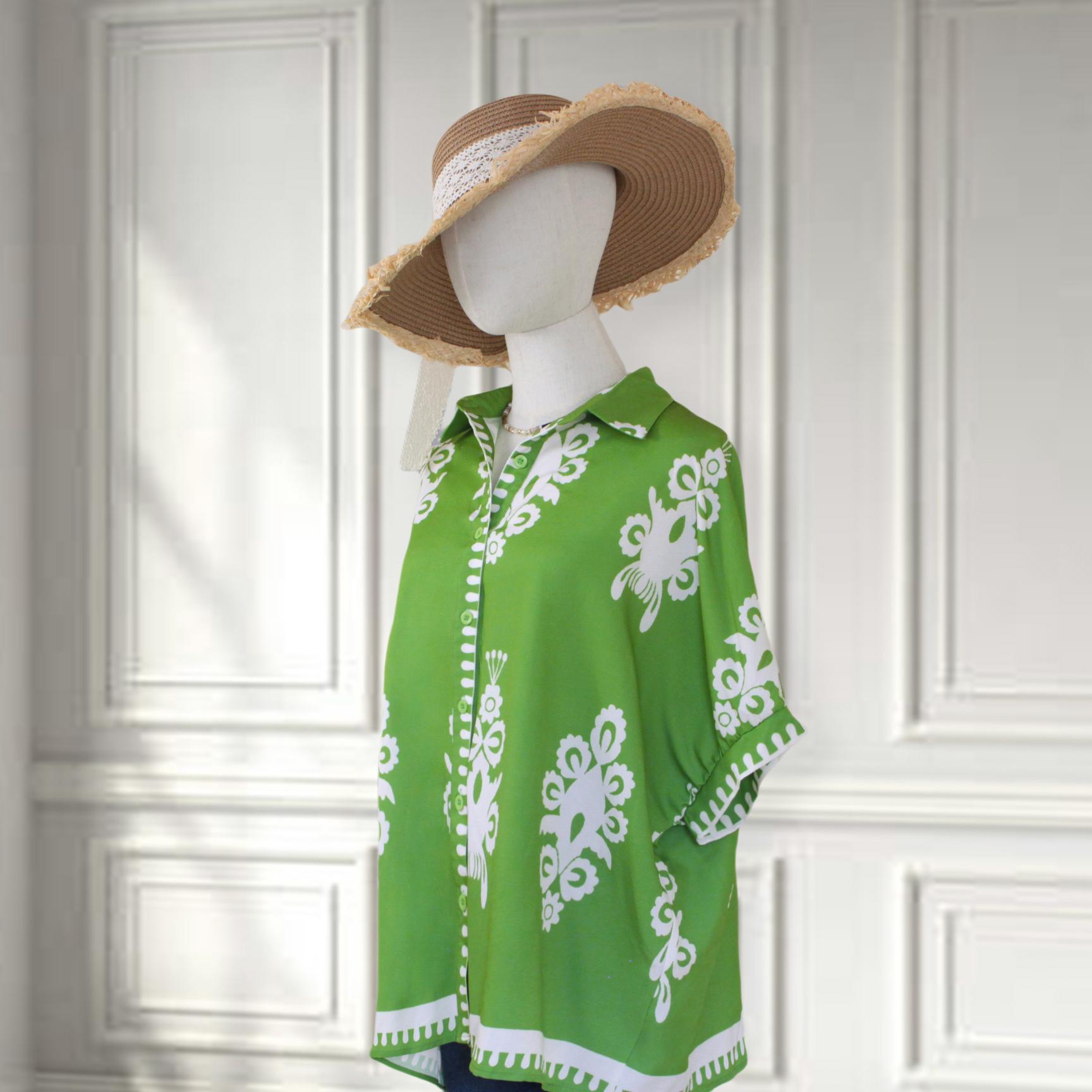 SageVell Boho Green Abstract Print Shirt - Oversized Fit, Retro Collar & Flowy Sleeves, Batwing Half Sleeve Blouse Teacher Outfits Trendy Blouses SpringStatements