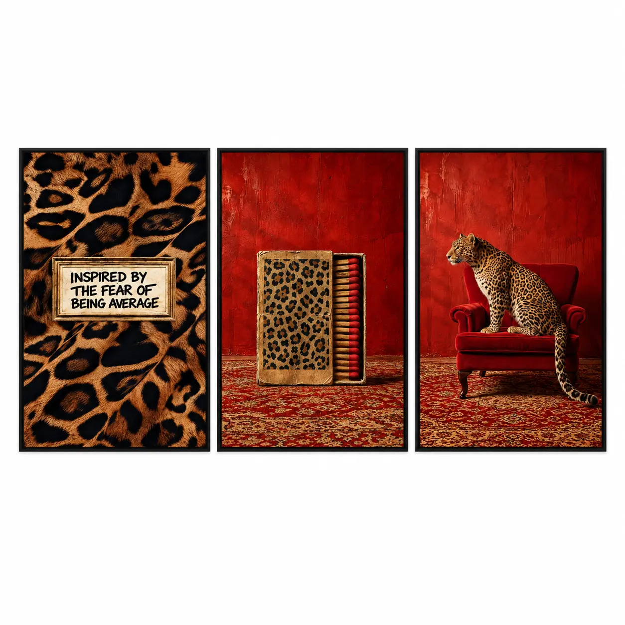 Leopard Print Wall Art Poster, Vintage Matchbox, Motivational Quote and Leopard on Red Chair, Eclectic Gallery Wall Decor