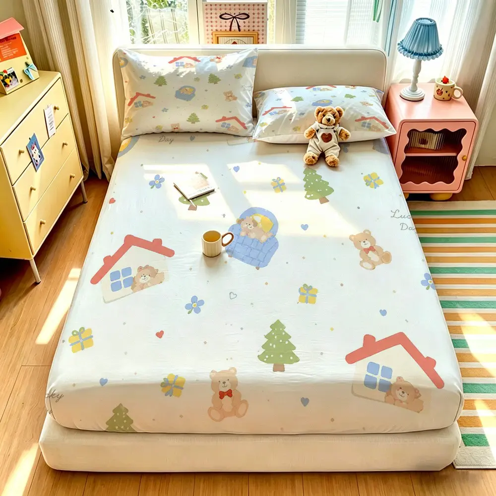 3pcs digital printed bed sheet set with children's fun house teddy bear pattern bedding set, including 1 bed sheet and 2 pillowcases, coreless, soft and comfortable bed cover, deep pocket design, can be used as a gift, Bedsheet Sets