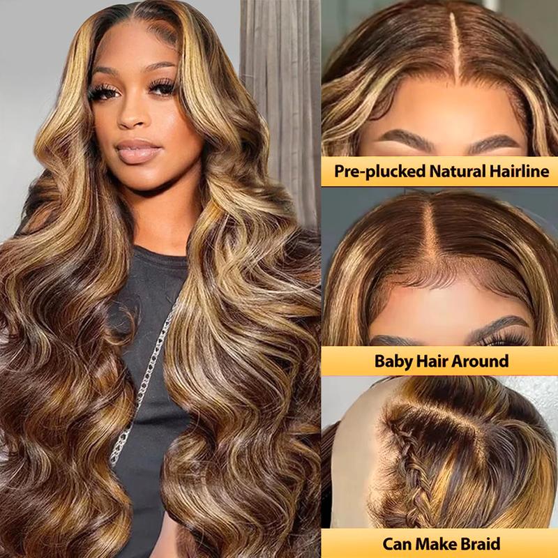 [30“=$89] Yilike Highlight Body Wave Lace Front Wigs Human Hair Honey Blond Ombre Wigs  Body Wave Wig Pre Plucked 13x6 HD Lace Front Wigs Human Hair P4/27 Colored for Women Honey Blonde Ombre Lace Front Wig Human Hair Highlight Body Wave