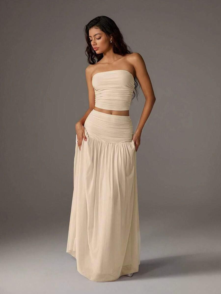 Women's Mesh Solid Color Halter Top Sleeveless and Long Dress Two-Piece Set, Breathable Summer Outfit, Elegant and Comfortable for Daily Wear, Neck Top Set