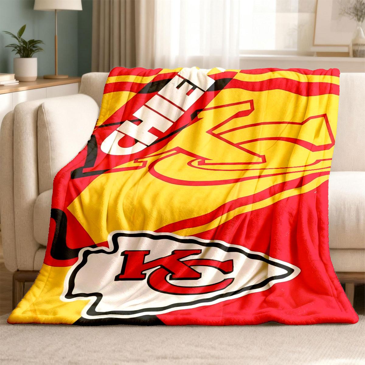 Kansas City Chiefs Flame Logo Flannel Blanket, Soft Lightweight Warm, Bedroom Holiday Decor, All Seasons, Bed Sofa Office Camping Travel Gift