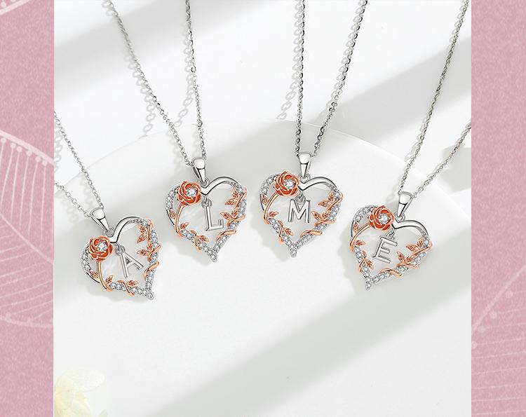 Personalized Letter Heart Necklace, Custom Initial Pendant Charms, Perfect Valentine’s Day Gift for Girlfriends, Moms, RoseGold Flower Jewelry