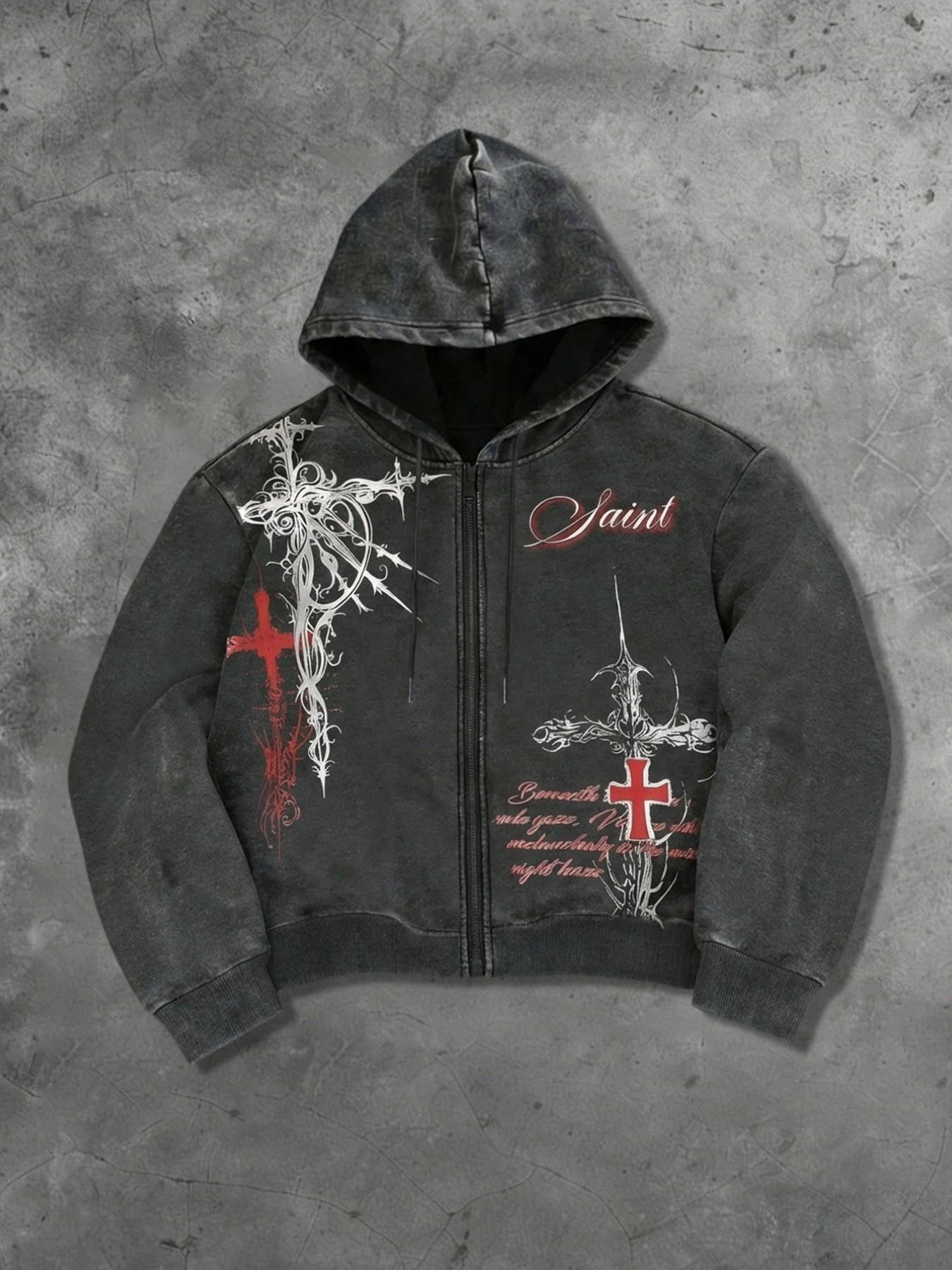 Men's Y2K Dark Aesthetic Saint Thorn Cross Zip Graphic Hoodie