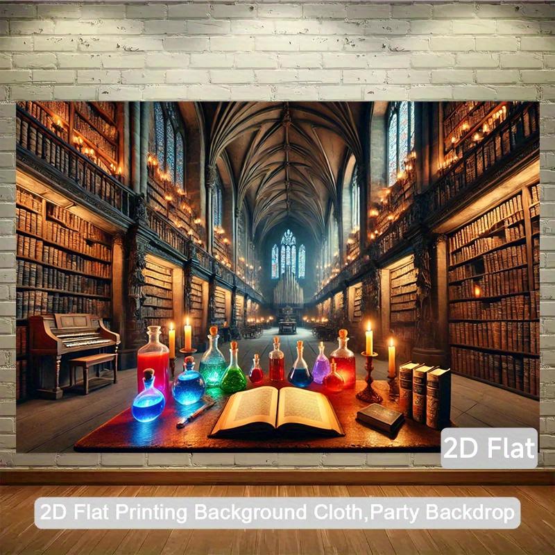 2D Flat, 1pc Magical Library 2D Flat Banner - Gothic Library Backdrop with Bookshelves, Candles & Mystical Decor - Durable Polyester Party Decoration for Birthday, Anniversary, Photo Studio - Indoor/outdoor Use, Library Decor, Indoor Outdoor Decor