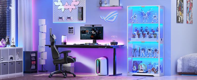 MIIFUNY Display Cabinet with Glass Doors, Storage Cabinet with 3 Color Light, 4-Tier Curio Cabinet Bookcase for Collectibles, Toys, Books, for Playroom, Bedroom, Study Room, White