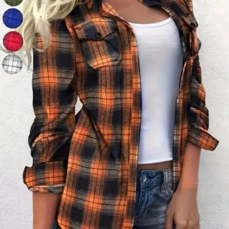 Women's Plaid Pattern Long Sleeve Button Front Shirt, Casual Fashion Top for Spring and Fall, Stylish Women's Clothing for Daily Wear